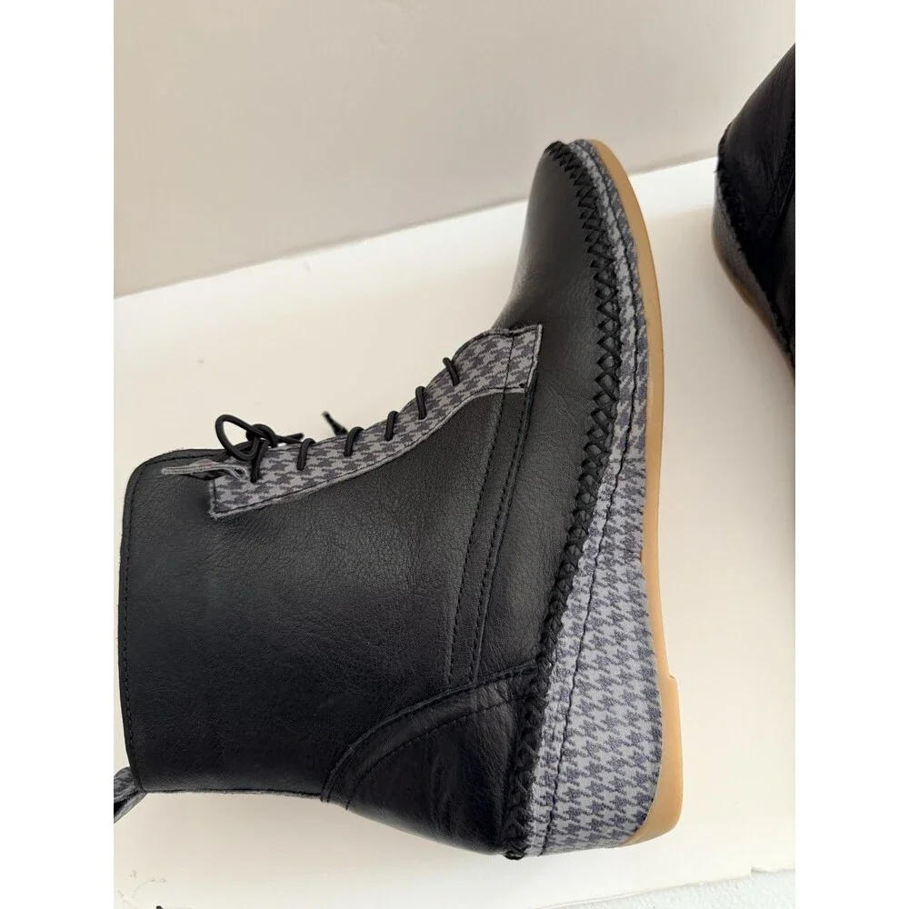 Anesha Women’s Black Leather Ankle Boots Houndstooth Wedge Zip US 9 EU 40